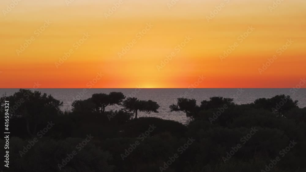 Last seconds as sun set down behind horizon, calm sea, silhouettes of tropical trees in foreground Last seconds as sun set down behind horizon, calm sea, silhouettes of tropical trees in foreground