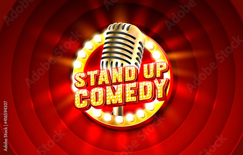 Stand up comedy signboard label, concert vocal event. nightclub title. Vector photo