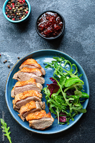 duck breast grill meat fried mix salad leaves barbecue roasted poultry on the table snack top view copy space for text food background rustic image 