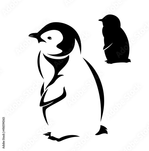 baby penguin black and white vector outline and silhouette - standing little bird design set
