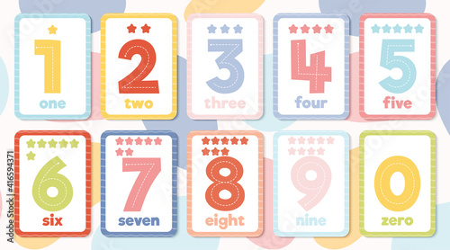 Print set of colourful educational flashcards for numbers 1-9 and 0. photo