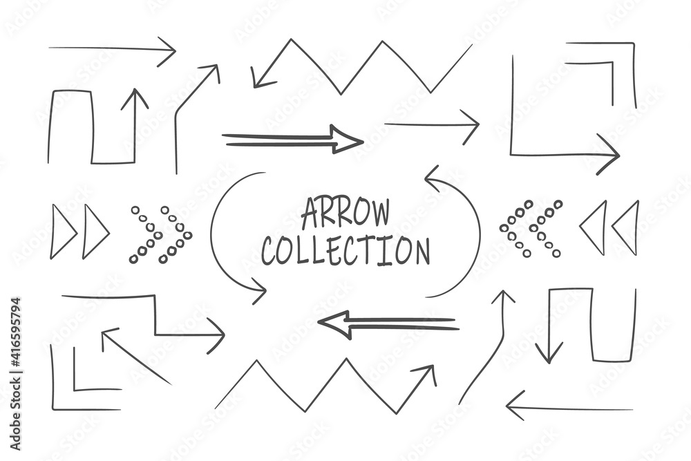Obraz premium Collection of sketchy arrows. Set of black grunge hand drawn arrows isolated on white. Vector illustration
