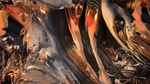 Fototapeta Naklejka Na Ścianę i Meble -  3d rendering of melting rocks of: silver, platinum, gold and scandium. Fluid art of liquid and shiny treasures streams on black. Luxury  background for ad materials of the mining and jewelry industry.