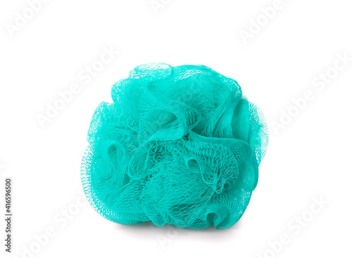 New turquoise shower puff isolated on white