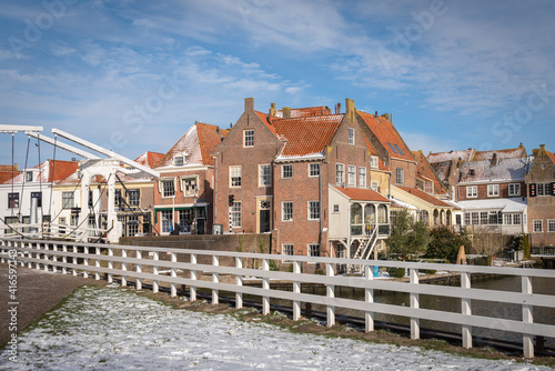 Winter view of one of the most beautiful parts of the Dutch city of Enkhuizen