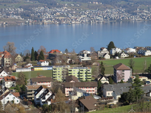 View of the village of Horgen and Lake Zürich (Zürichsee or Lake Zuerichsee) from the hill Horgenberg - Canton of Zürich (Zuerich or Zurich), Switzerland (Schweiz) photo