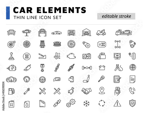 Line icon set of auto parts, car elements. All parts of car. Car service, Automobile icons. Tires, oil, suspension, hand brake, exhaust, chasis, tires, engine, mechanic