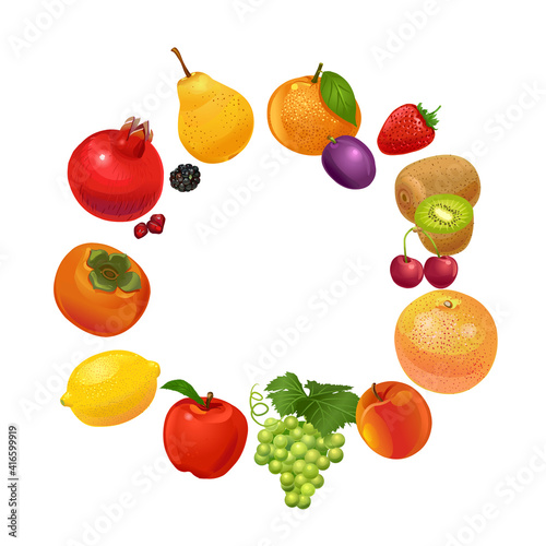 Fruit. Pomegranate, orange, plum, kiwi, strawberry, pear, cherry, persimmon, lemon, blackberry, apple, grape, peach, orange, arranged in a circle. Vector illustration isolated on white background.