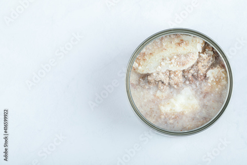 Top view of open can, Canned beef. White background