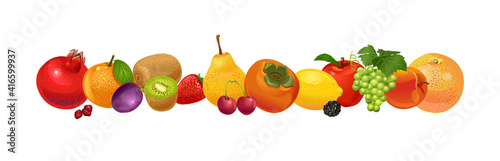Fototapeta Naklejka Na Ścianę i Meble -  Fruit. Pomegranate, orange, plum, kiwi, strawberry, pear, sweet cherry, persimmon, lemon, blackberry, apple, grape, peach, orange. Vector illustration isolated on white background.
