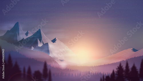 Orange sunset, hilly area, spruce forest, colorful starry sky and rocky horizon, realistic vector illustration