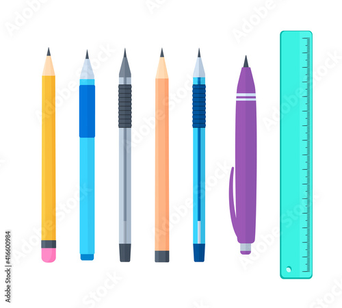 Vector set of colored office supplies. Pens, pencils, rulers in flat style. Isolated on white background. Measuring tool.
Stationery items
