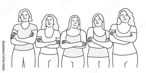 Sport young women stand with crossed arms. Hand drawn vector illustration. 