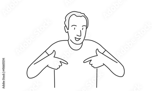Amazing man points to herself. Hand drawn vector illustration.