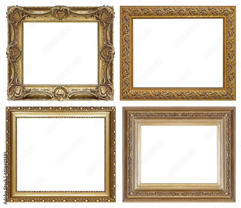 Set of golden frames for paintings, mirrors or photo isolated on white background Set of golden frames for paintings, mirrors or photo isolated on white background