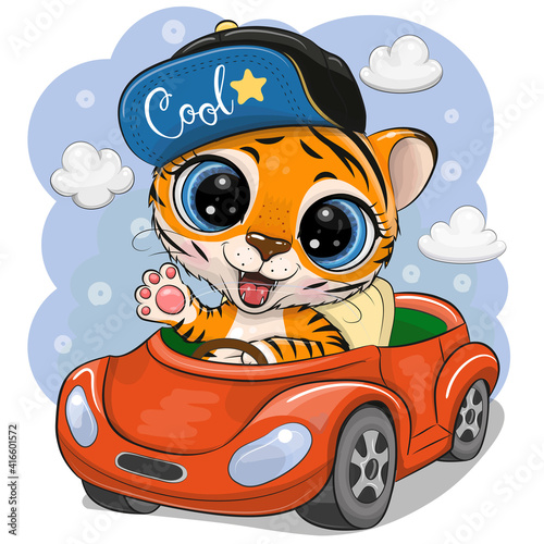 Tiger in a cap goes on a Red car