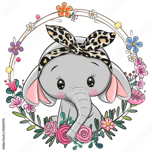 Cartoon Elephant with a floral wreath