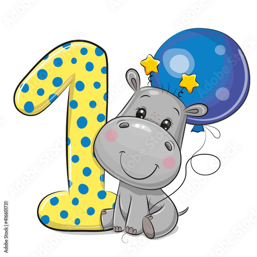 Hippo and number one isolated on a white background