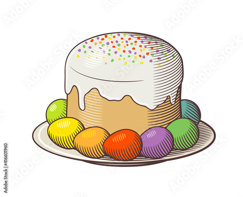 Traditional eastern European Easter cake kulich with frosting. Plate with dyed eggs. Colored retro style vector illustration