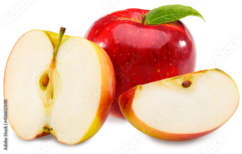 red apples with slices isolated on white background. clipping path.