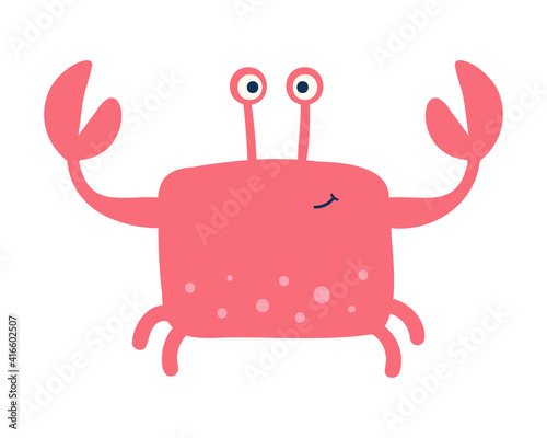 Happy pink crab. Vector cute character. Hand-drawn doodle. Isolated on a white background. Design for children.
