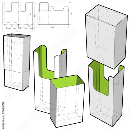 Bottom and Lid Self-assembling Folding Box. (Internal measurement 8x5x20cm). The .eps file is full scale and fully functional. Prepared for real cardboard production.