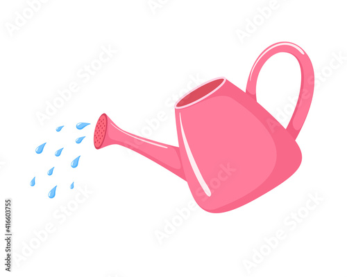 Pink watering can icon cartoon. Waters from a watering can vector illustration isolated on white background. Gardening element clipart
