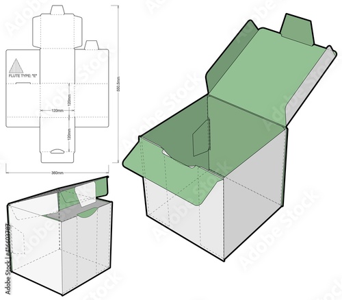 Self-assembling Folding Box. Flute Type E (Internal measurement 12 x 12 + 12 cm) and Die-cut Pattern. Ease of assembly, no need for glue.  The .eps file is full scale and fully functional.