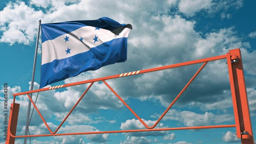 Swing arm road barrier and flag of Honduras, entry ban related 3d animation