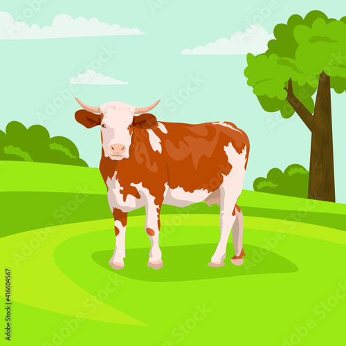 realistic brown cow. dairy cattle. Swiss Brown, Ayrshire, Holstein, Milking White and Brown Shorns, Guernsey and Jersey Cow. Cow, hills and meadows. Pasture fields, green grass. rural landscape. Vecto