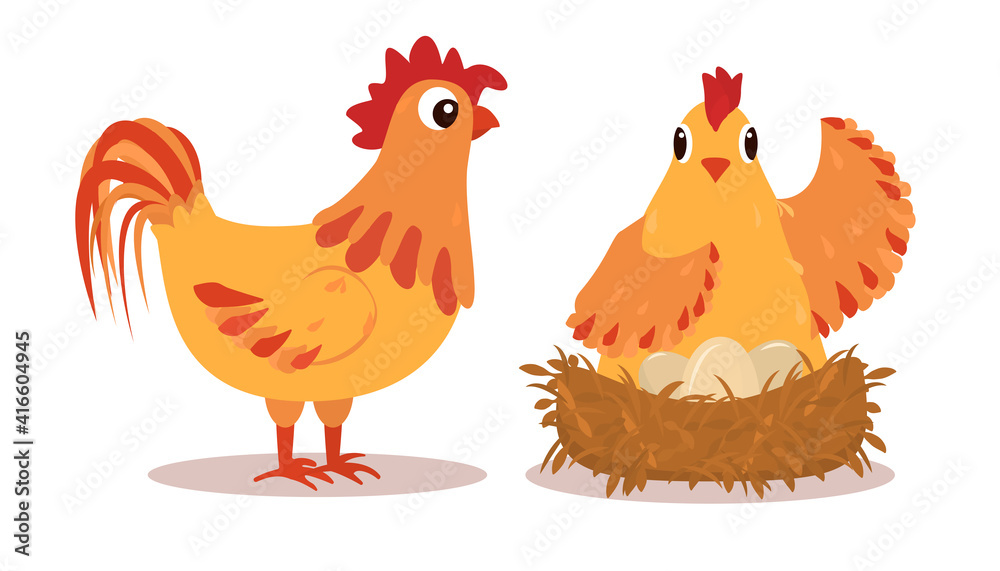 Fototapeta premium illustration of a pair of a rooster and a hen next to a nest with eggs.
