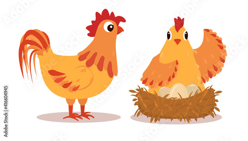 illustration of a pair of a rooster and a hen next to a nest with eggs. © NataSao