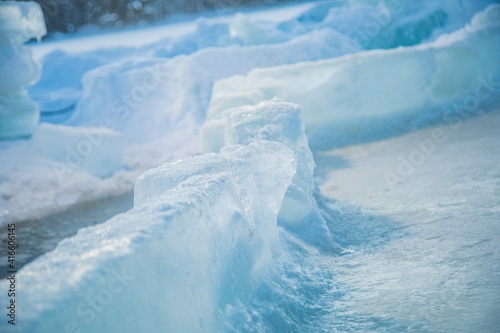 Textured frozen ice. Figured blocks of natural ice.  