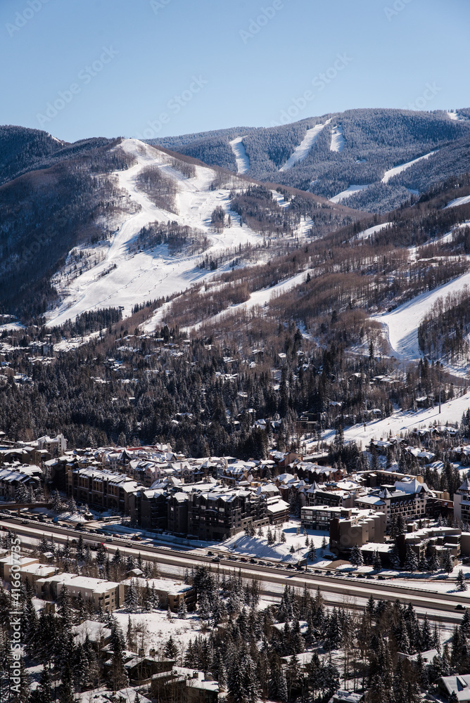 Snow covered ski runs in Vail, Colorado. 