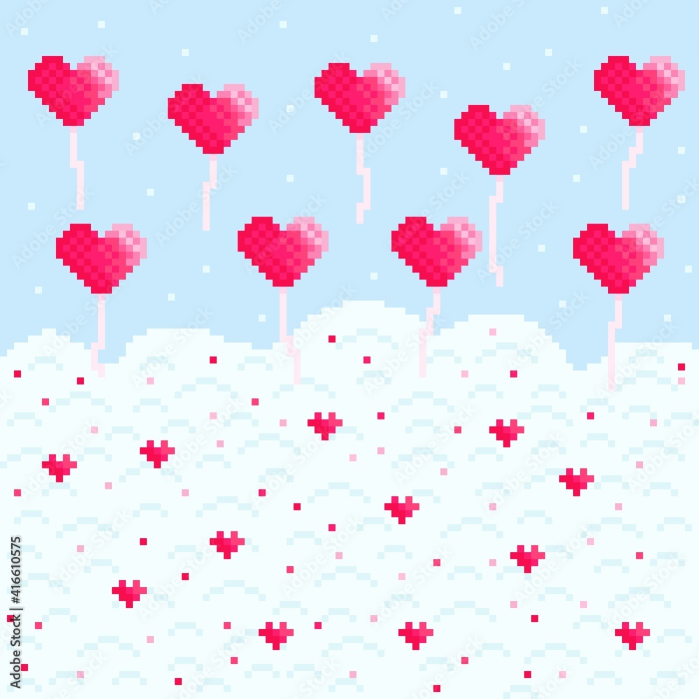 Clouds and hearts pixel art. Valentine's Day heart balloon on background with clouds pixel. Clouds and hearts pixel art. Valentine's Day heart balloon on background with clouds pixel.