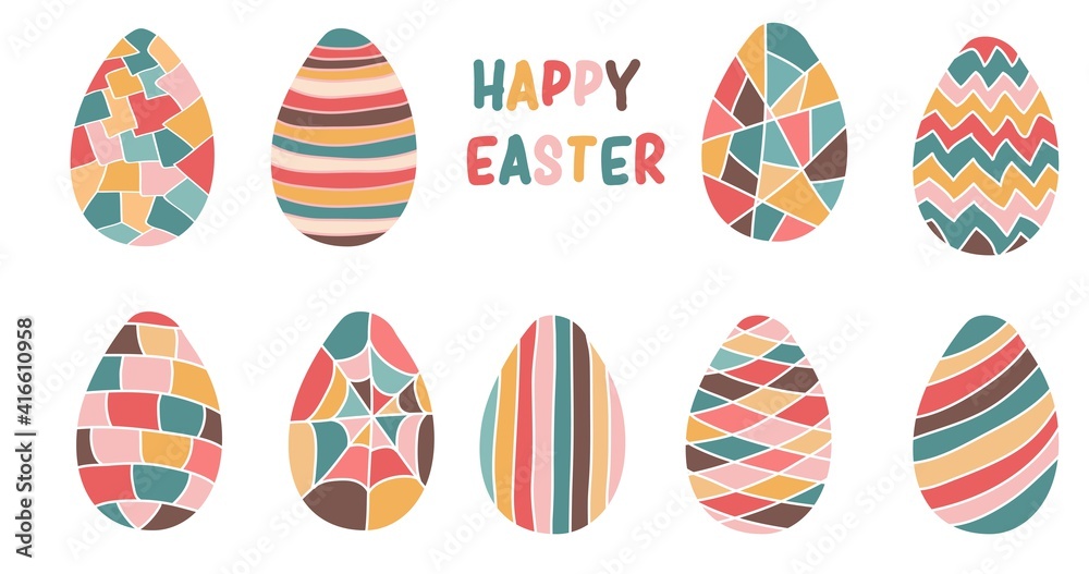 Easter colorful eggs set with different decor. Spring holiday. Vector illustration isolated on white background.