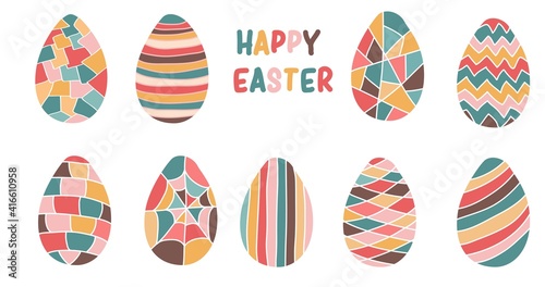 Easter colorful eggs set with different decor. Spring holiday. Vector illustration isolated on white background.