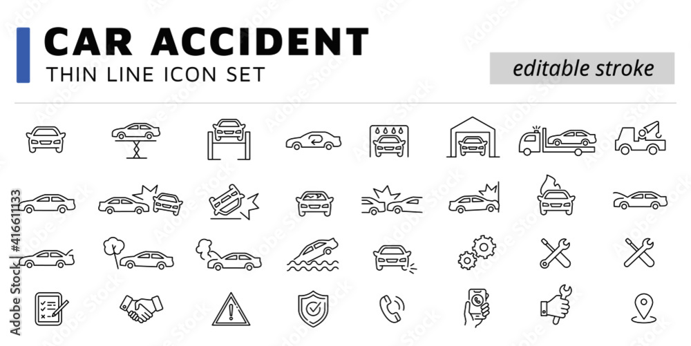 Car accident crash icon, icons. Automobile thin line icon set.