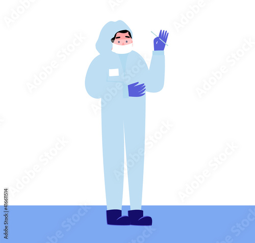 A doctor in a protective medical suit holds a test stick, taking a sample, analysis