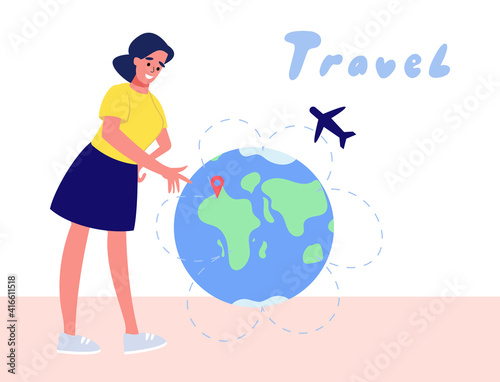 the girl chooses where to fly on the world globe. Vector flat illustration.