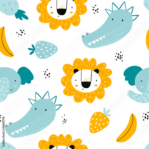 Vector hand-drawn seamless repeating color childish pattern with african animals and fruits in Scandinavian style on a white background. Scandinavian pattern with animals. Lion, elephant, crocodile.