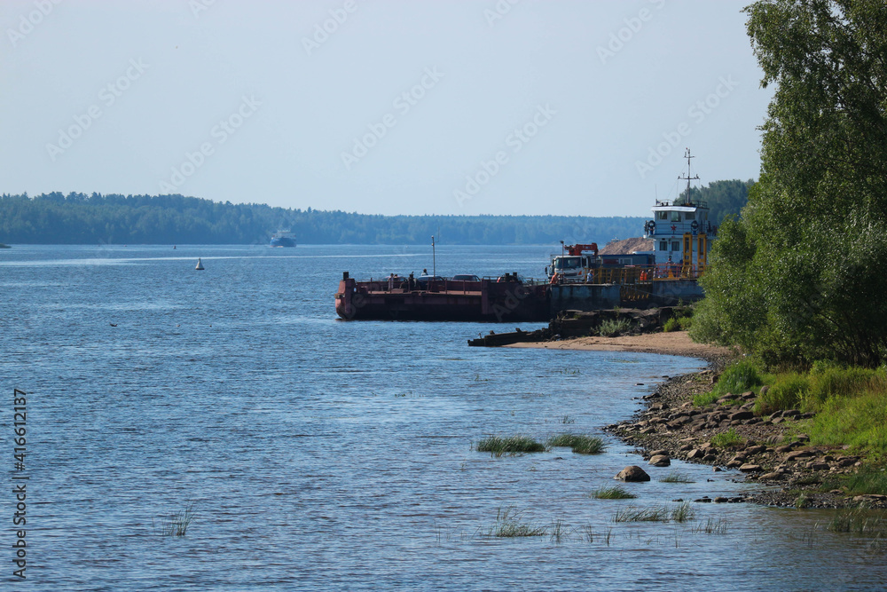 passenger and car ferry across the Volga river in Myskin, Russia
