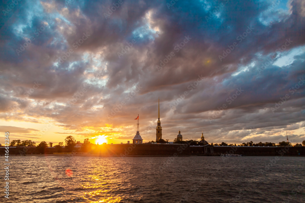 Russia. Saint-Petersburg. July 5, 2015. Peter and Paul Fortress in the evening sunset.