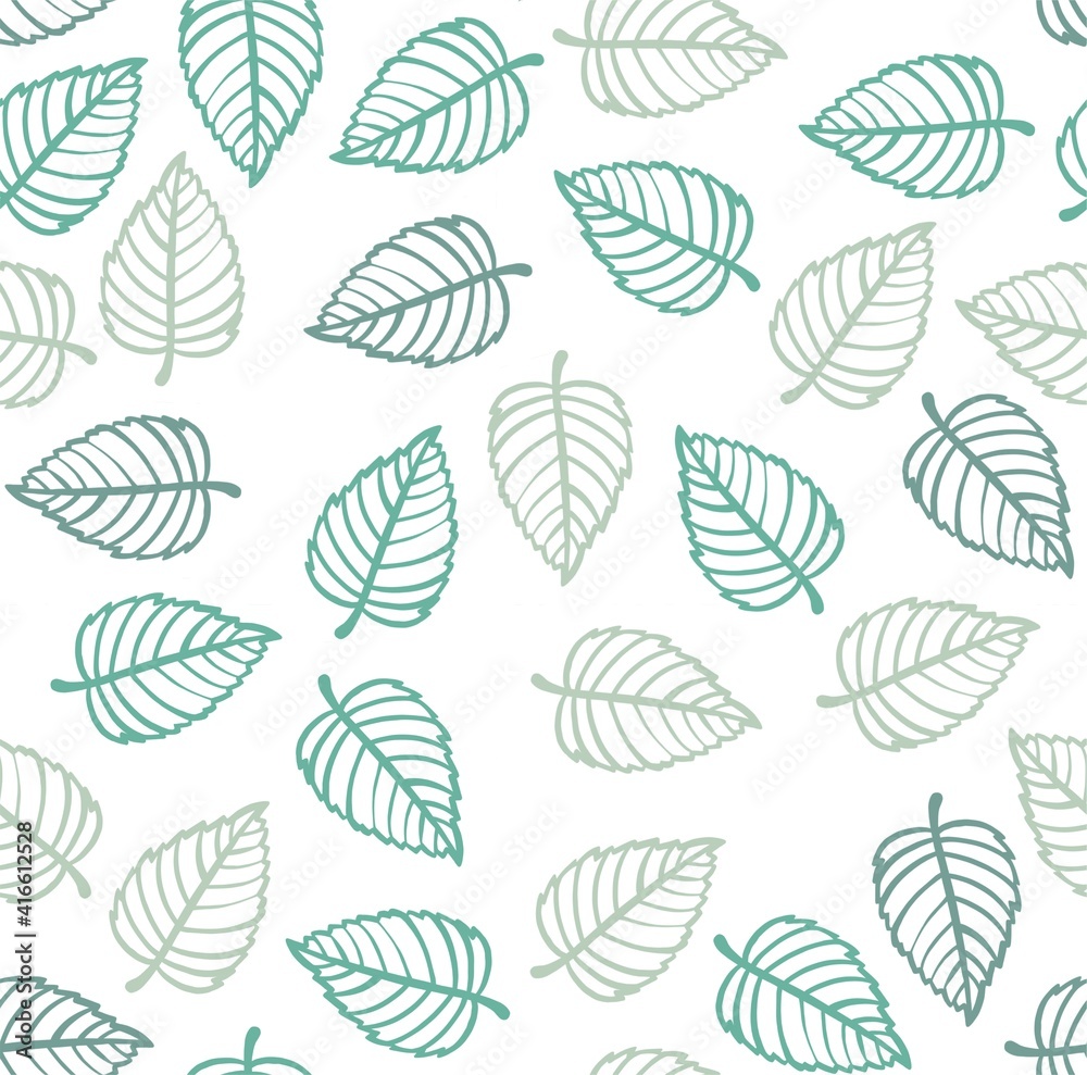 Seamless Blue Leaves Pattern in White Background. Vector illustration