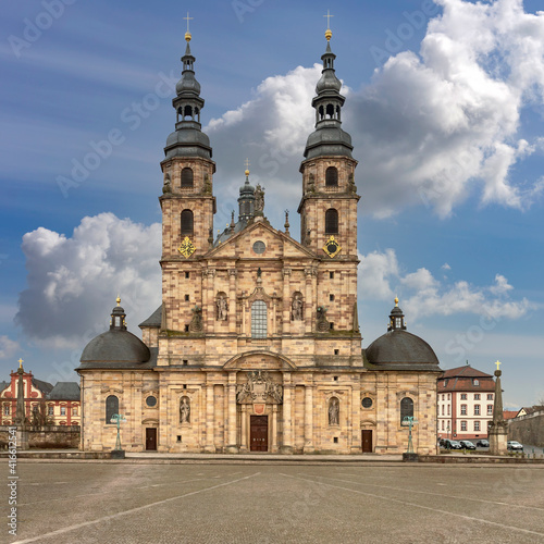 view from the cobbled stone square of the beautiful Gothic cathedral in the small German town of Fulda © westermak15
