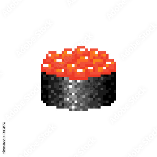 Pixel art gunkan maki sushi icon. Delicious tasty vector gunkan sushi with red caviar. Big red caviar berry eggs in nori seaweed. Mosaic Japanese food symbol. Pixel illustration of japanese cuisine.