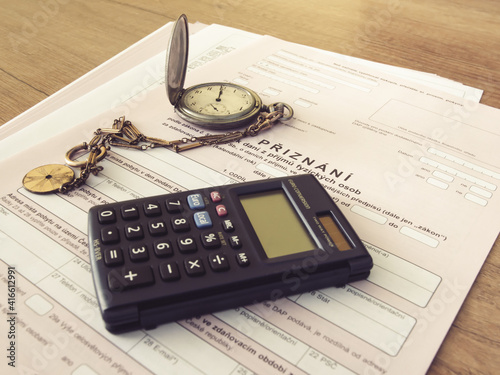 Czech republic, Prague, 25 February 2021: tax form, Czech declaration of corporation taxes. Selective focus on word 