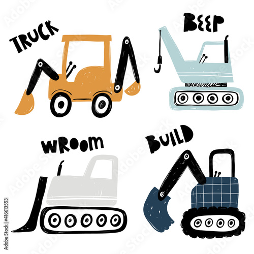 Vector hand-drawn color children's set with illustration, poster, print with a cute trucks and lettering in Scandinavian style on a white background. Building equipment. Funny construction transport.