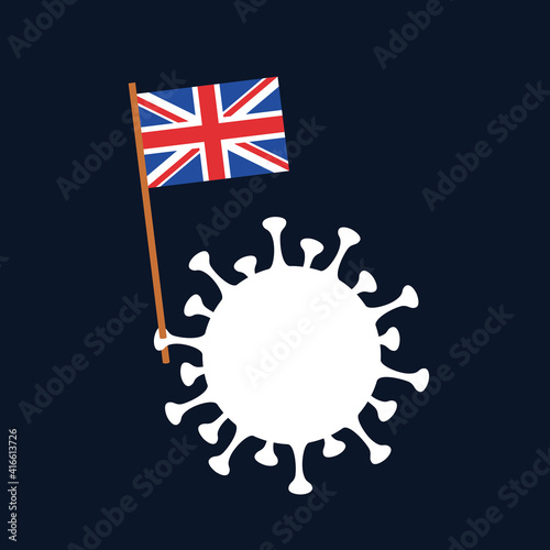 British mutation and variant of coronavirus and COVID-19. Virus is holding flag of Great Britain, UK and GB. Vector illustration.