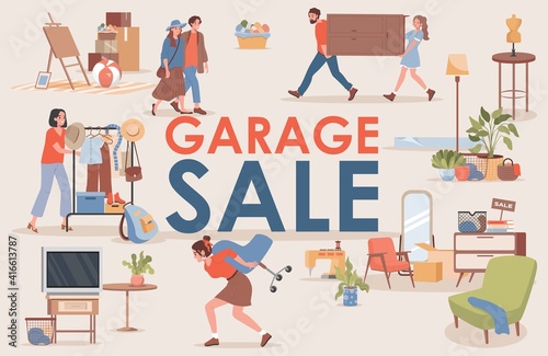 Garage sale vector flat banner template with text space. Happy smiling men and women buy and sell vintage clothes and furniture. Second hand shop or flea market poster concept.